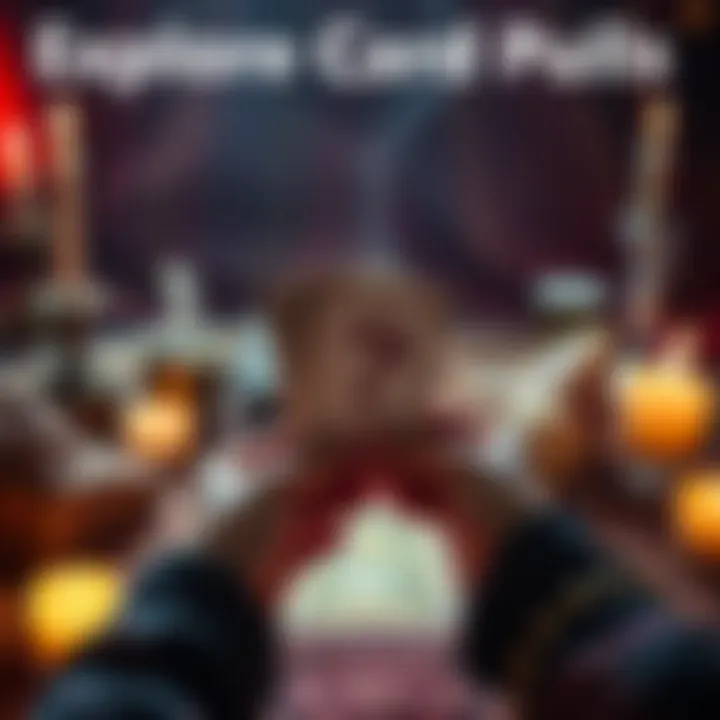 A person holding tarot cards with a question in mind, surrounded by a cozy setting with candles and crystals.