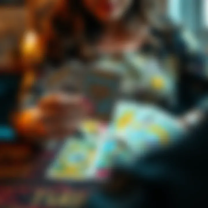 A person holding tarot cards with a colorful spread in front, inviting questions for readings.