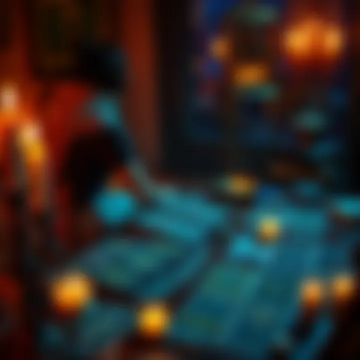 A person sitting at a table with tarot cards spread out, focused on a card reading, surrounded by candles and a calming ambiance.