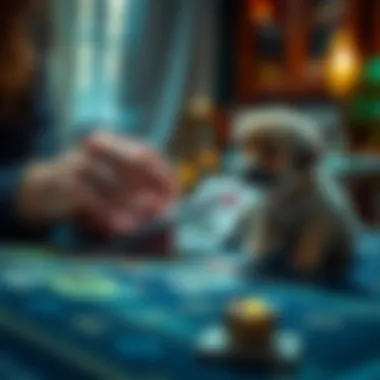 Tarot Card Reading A person shuffling tarot cards while a small puppy sits nearby, creating a warm and inviting atmosphere for a tarot reading session.