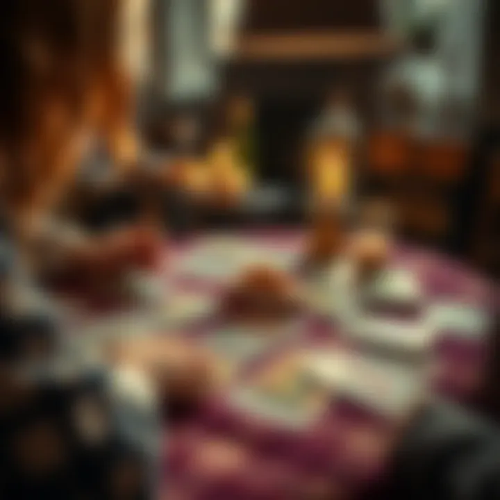 A beginner tarot reader with a deck of colorful tarot cards on a table, inviting people to ask questions for readings, set in a cozy atmosphere.