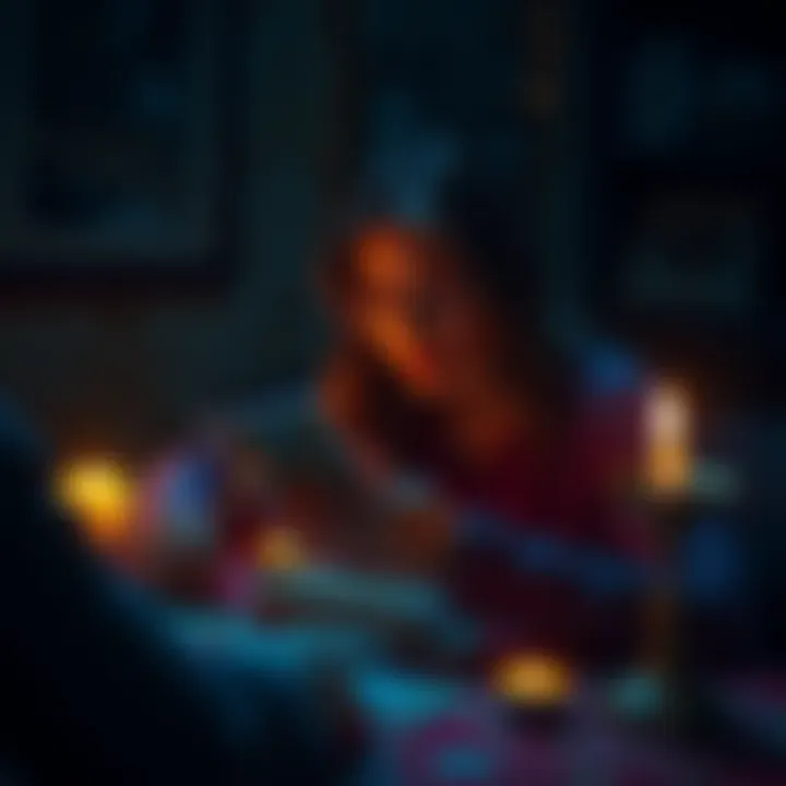 Tarot card reading session A person engaged in a tarot card reading, using a colorful deck and glowing candles, creating a serene atmosphere.