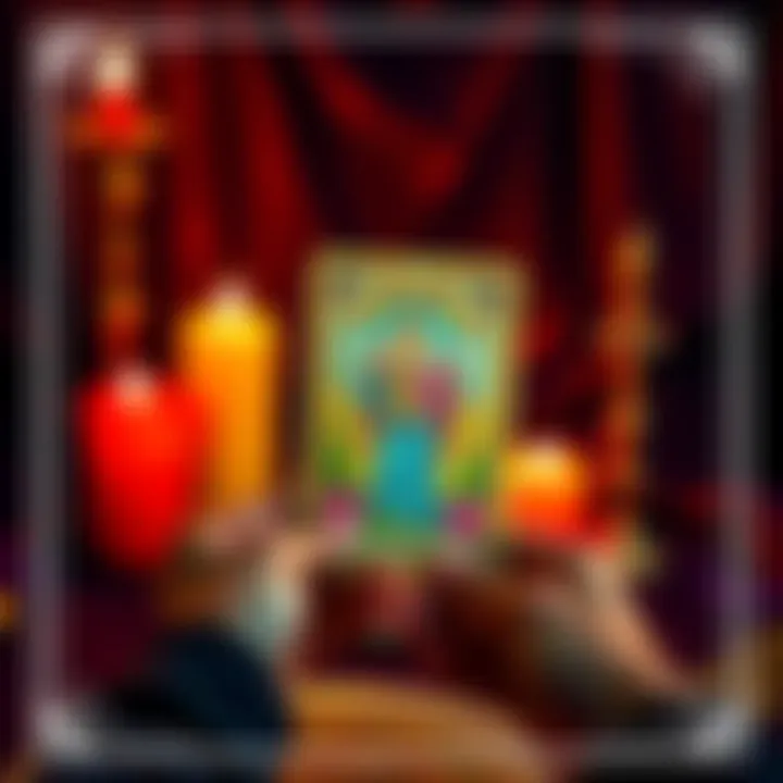 A person holding a tarot card with a mystical background and candles, inviting others for a tarot reading session.