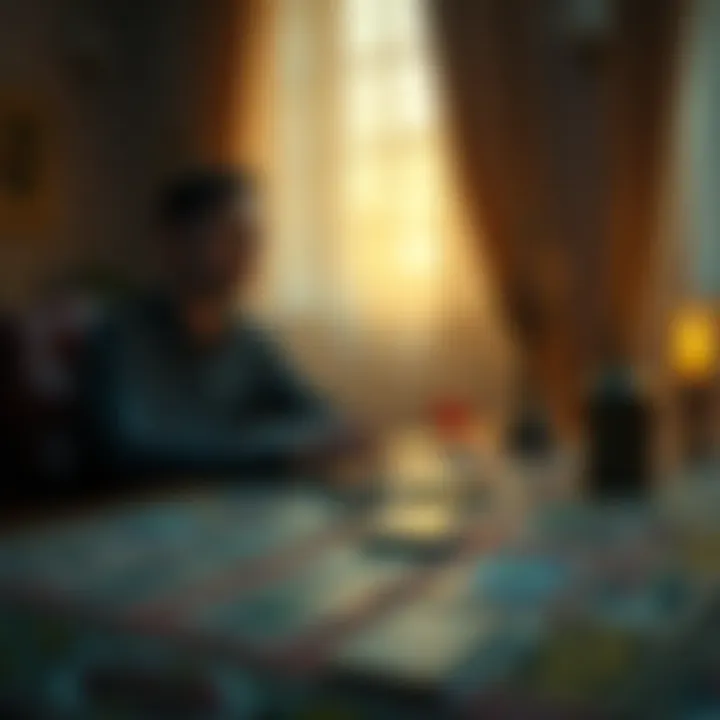 Tarot Card Reading Session A person sitting at a table with tarot cards spread out, looking thoughtfully as they consider their questions about life.