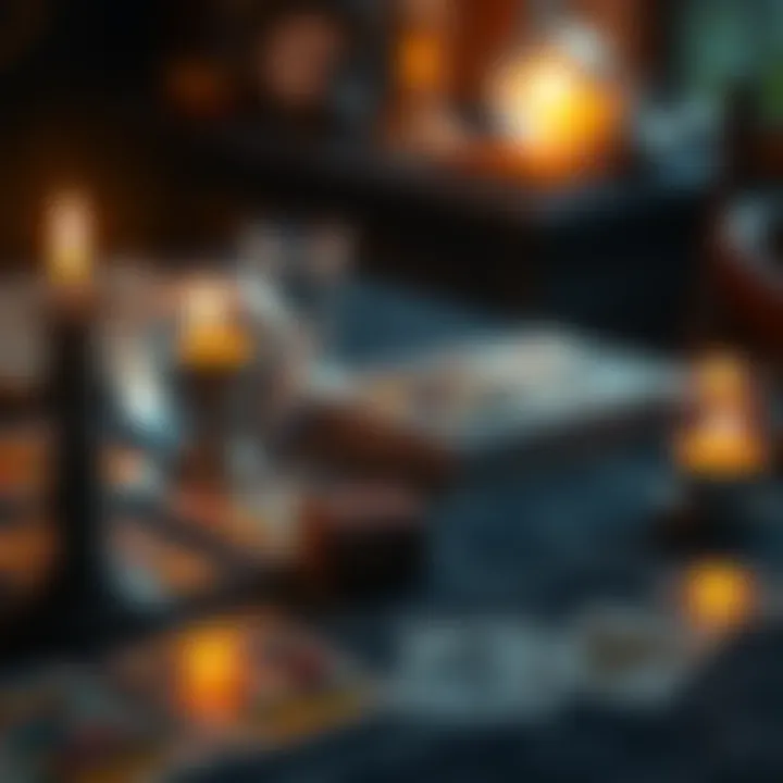 A table with tarot cards laid out, a candle lit nearby, and a crystal ball reflecting light