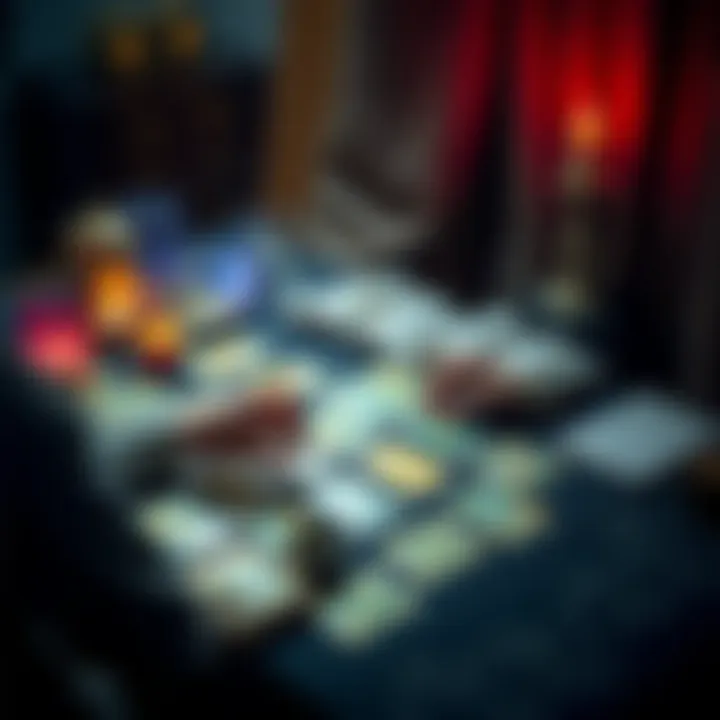 A person sitting at a table with tarot cards spread out, focusing on a card interpretation