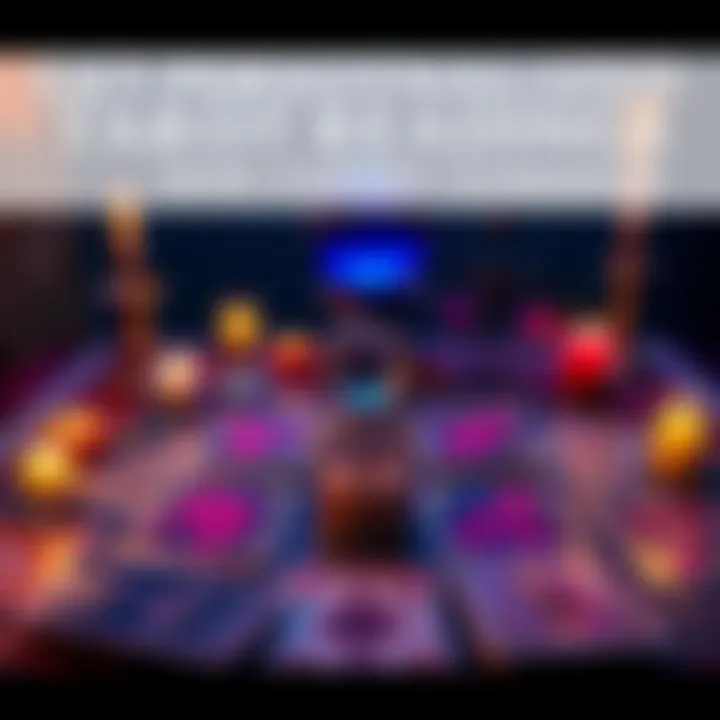 A table with tarot cards spread out, candles lit, and a crystal ball in the background, suggesting a tarot reading session.