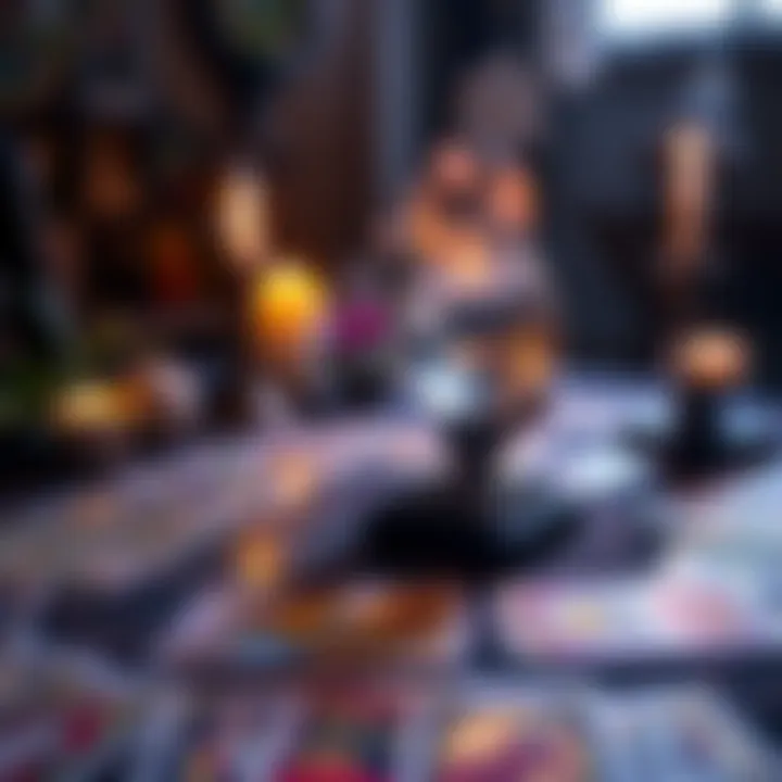 A table with tarot cards spread out, candles lit, and a crystal ball on display, creating a mystical atmosphere for a card reading.