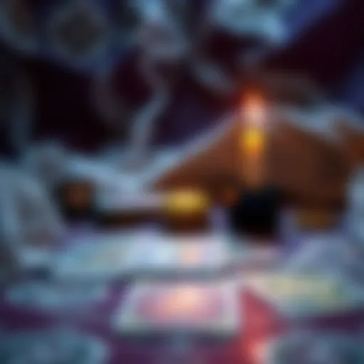 A tarot reading setup featuring cards, a candle, and a mystical backdrop