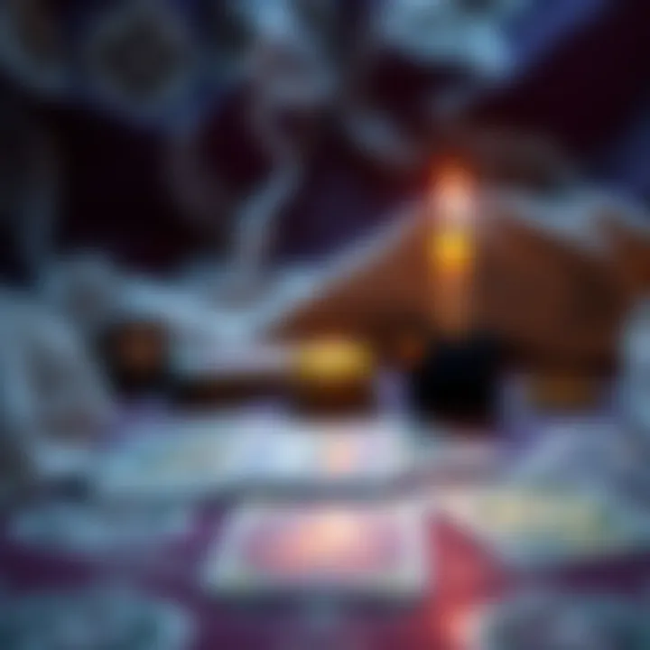 A tarot reading setup featuring cards, a candle, and a mystical backdrop