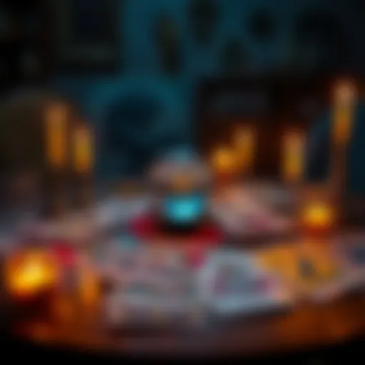 A table with tarot cards spread out, candles lit, and a crystal ball, representing a tarot reading environment