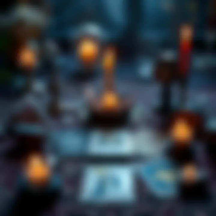 A table with tarot cards laid out, crystals, and candles, creating a mystical atmosphere for reading tarot.