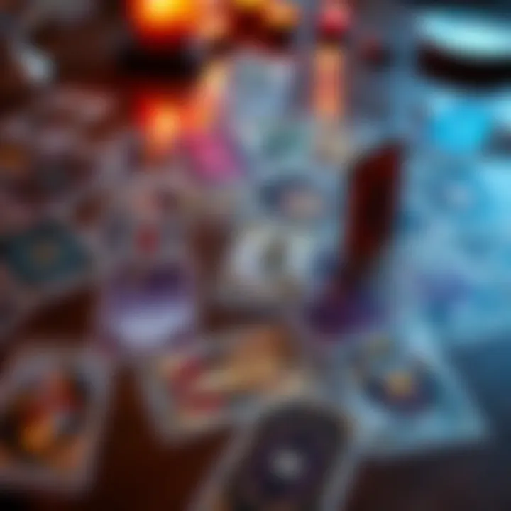 A spread of tarot cards on a table with one specific card standing out, symbolizing its recurring presence in readings.