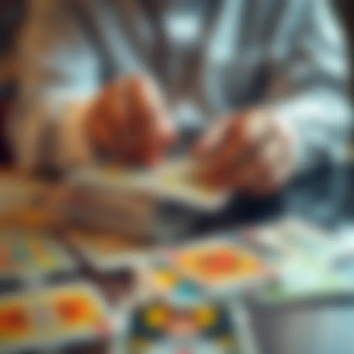 A person reshuffling tarot cards on a table, showing a mix of colorful cards with some flipped over to display negative symbols.