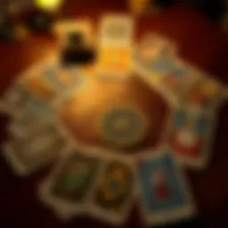 A variety of tarot cards laid out on a wooden table, with the Wheel of Fortune card prominently displayed among them.