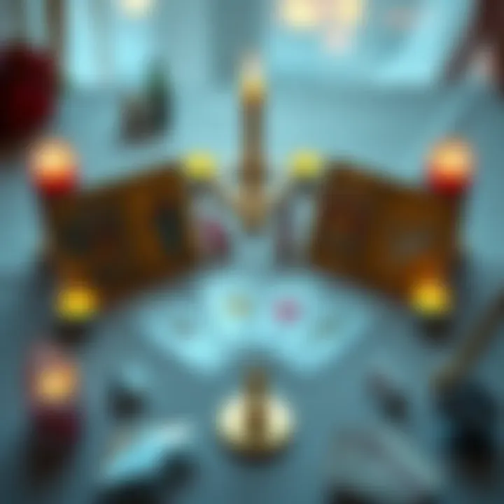 Tarot Card Spread Two tarot decks arranged in a V shape on a table, with candles and crystals around them, symbolizing insights into a complicated romance