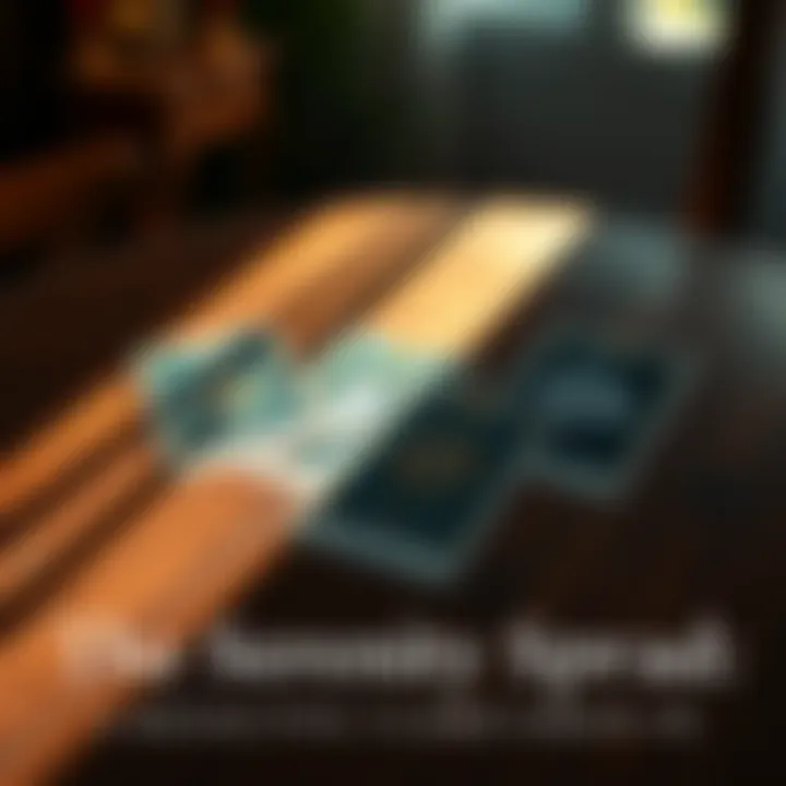 Tarot Card Spread on a Table Three tarot cards laid out on a wooden table with gentle light shining on them, representing reflection and guidance.