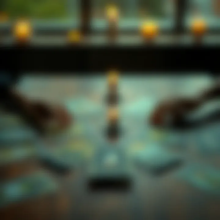 A tarot card spread displayed on a wooden table, with hands reaching for the cards, symbolizing intuition and connection.