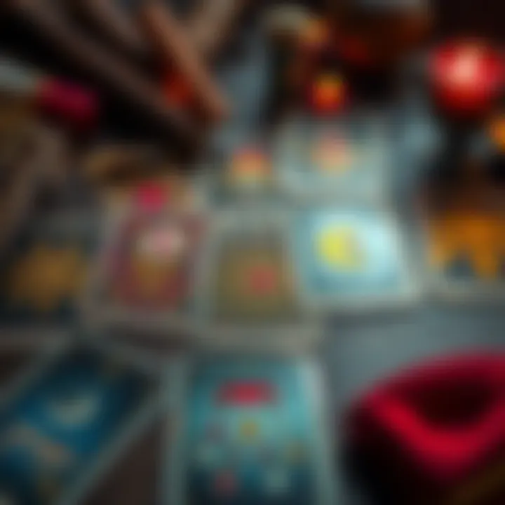 A selection of tarot cards laid out on a table, with some featuring symbols like the sun, moon, and a cup to represent emotions.