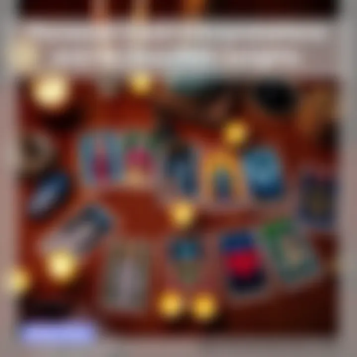 Eight tarot cards spread on a wooden table with candles and crystals, symbolizing relationship insights and personal growth.