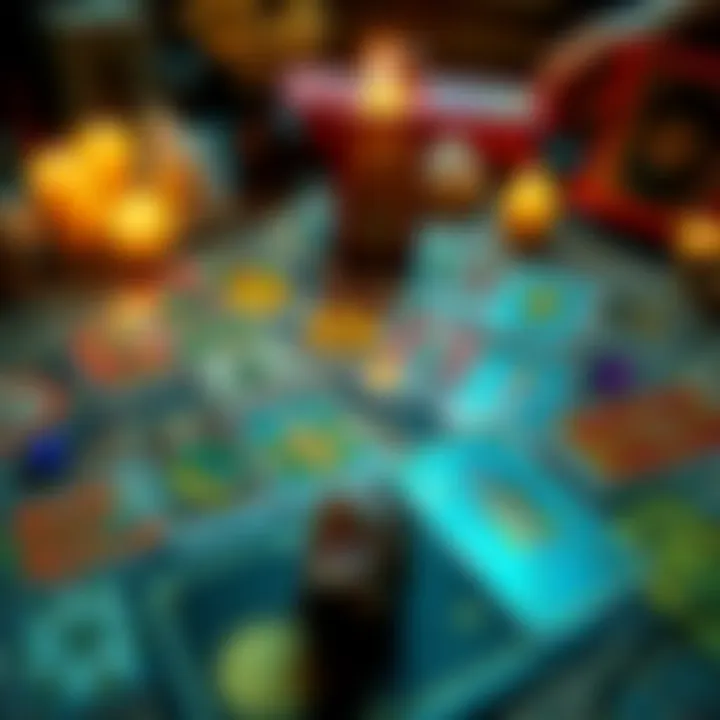 A colorful spread of tarot cards laid out on a table, surrounded by candles and crystals, inviting people to explore their questions about life.