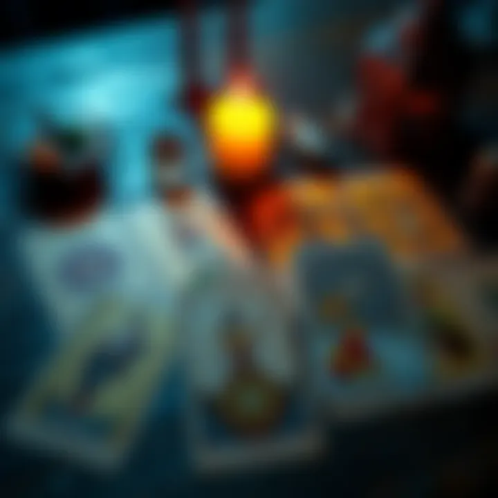 A variety of tarot cards laid out in a spread on a wooden table with a candle and crystals nearby.