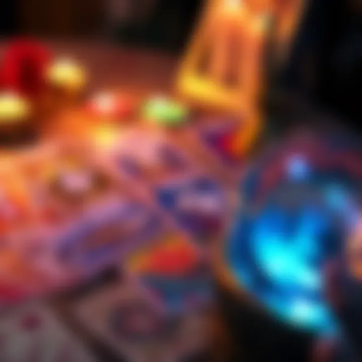 A colorful spread of tarot cards on a table with a crystal ball beside them, representing a chance for yes or no readings.