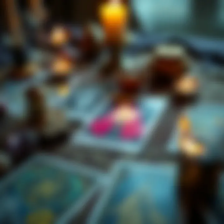 A close-up of a tarot card spread with a prominent card highlighted, showing symbols and colors, surrounded by candles and crystals.