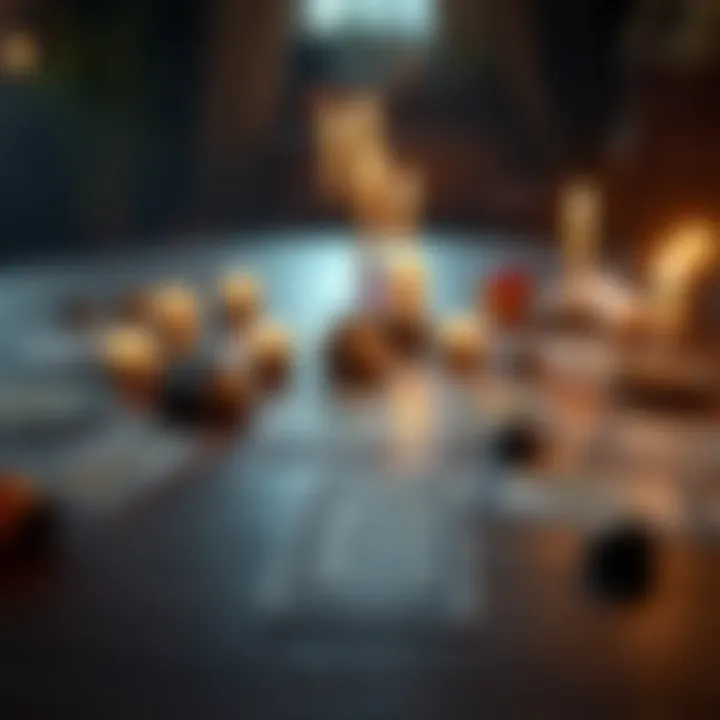 A tarot card spread laid out on a wooden table, surrounded by candles and crystals, representing guidance and spirituality.