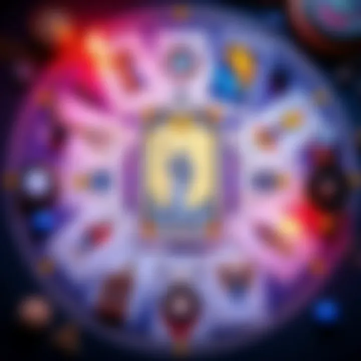 A colorful layout of tarot cards representing a yearly reading for 2026, with a focus on the 'death' card for January, surrounded by mystical symbols and elements.