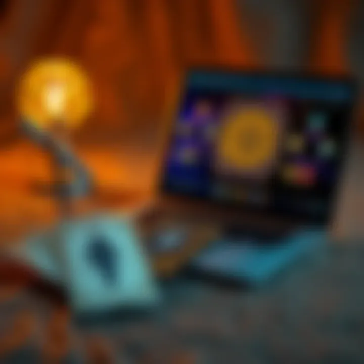 Tarot Cards with AI Interface A set of tarot cards beside a laptop displaying an AI interpretation tool for tarot readings.