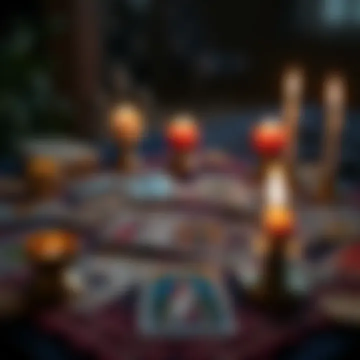 A setup of tarot cards laid out on a table with candles lit nearby, symbolizing a reading session.