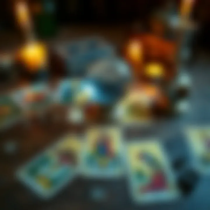 A colorful spread of tarot cards on a wooden table with a crystal ball and candles nearby