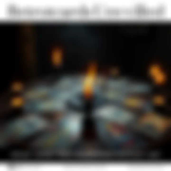 A table with tarot cards laid out, depicting themes of betrayal and secrets, surrounded by candles and a dimly lit space.