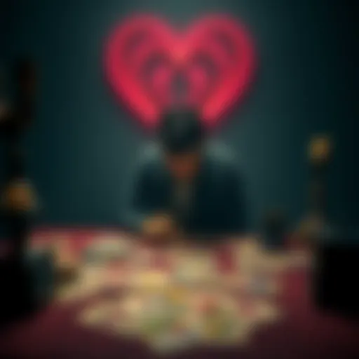 A person sitting at a table with tarot cards spread out, looking contemplative and emotional amidst a backdrop of a heart symbol and soft lighting.