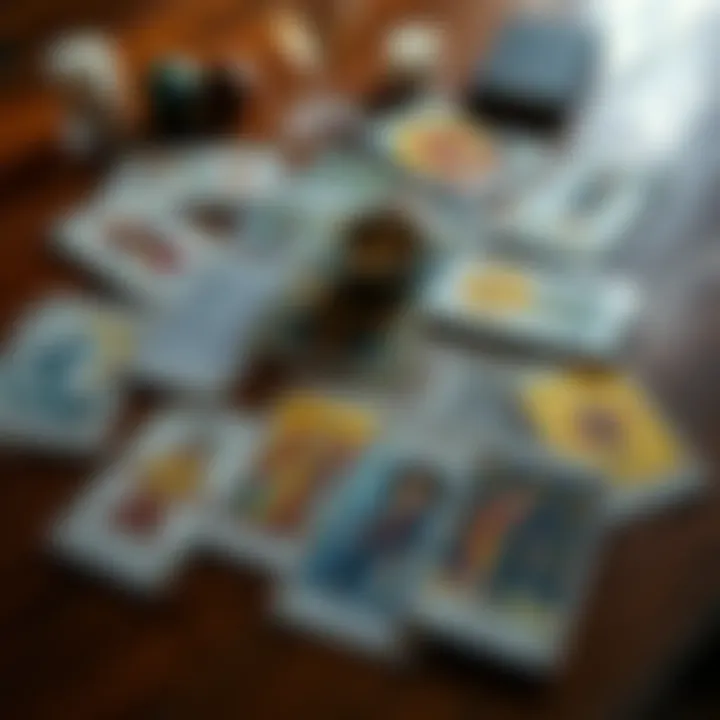 A spread of Aquarian and Ryder Waite Smith tarot cards on a wooden table, highlighting themes of emotional burnout and self-worth issues.