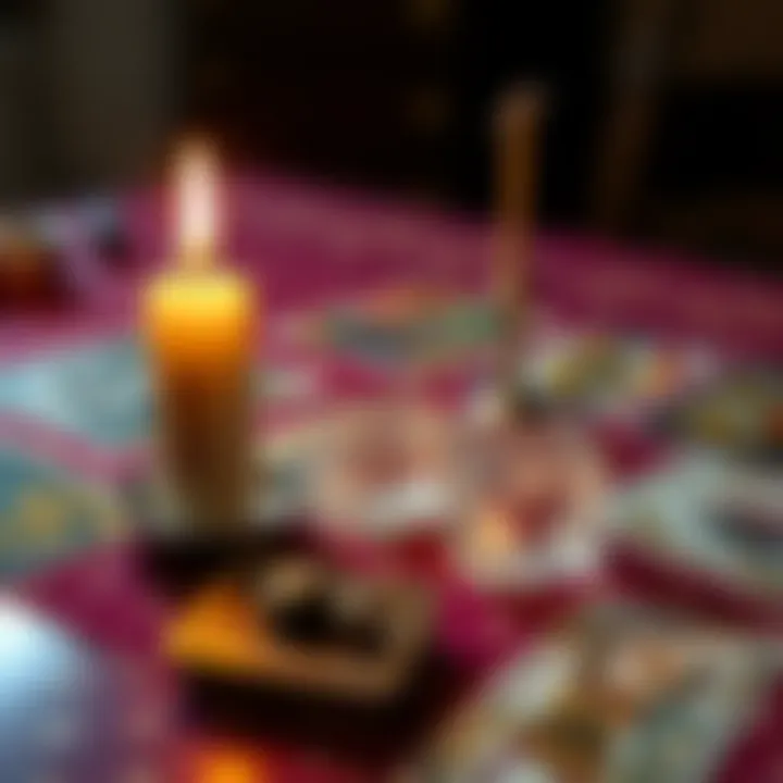 A lit candle next to a spread of tarot cards on a table, symbolizing connection with loved ones after loss.