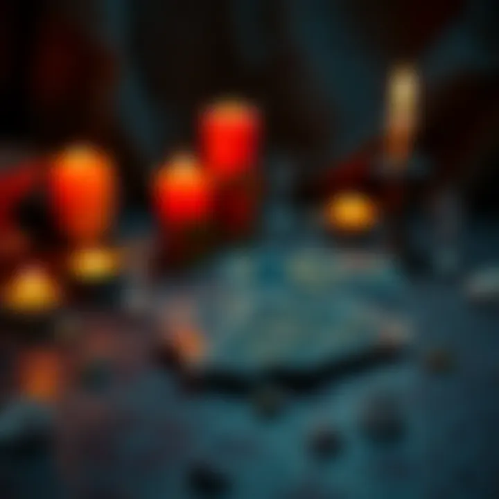 A set of tarot cards laid out on a table, surrounded by flickering candles and crystals, creating a mystical atmosphere.