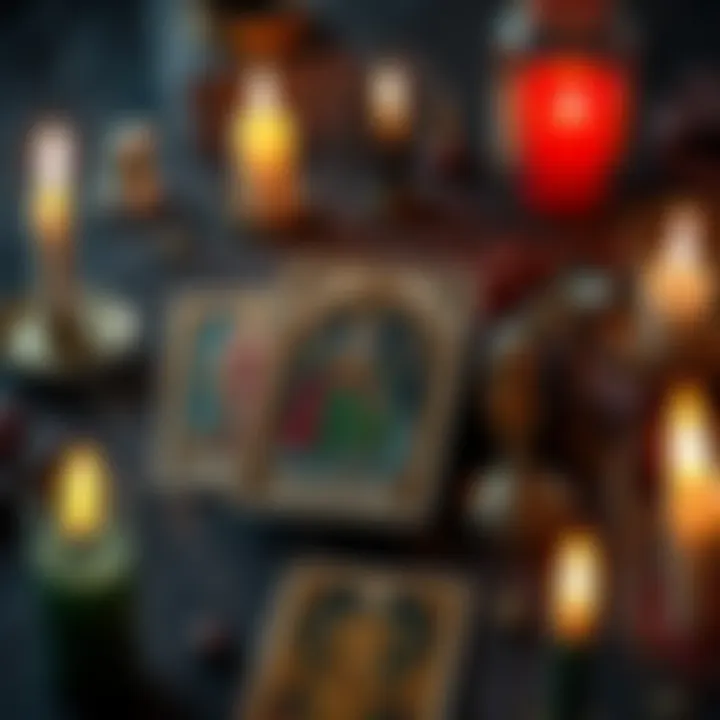 A tarot card spread featuring the King of Pentacles and Justice cards, surrounded by lit candles and a mystical atmosphere.