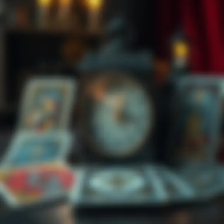 A set of tarot cards displayed with a vintage clock, symbolizing time frames in tarot readings.