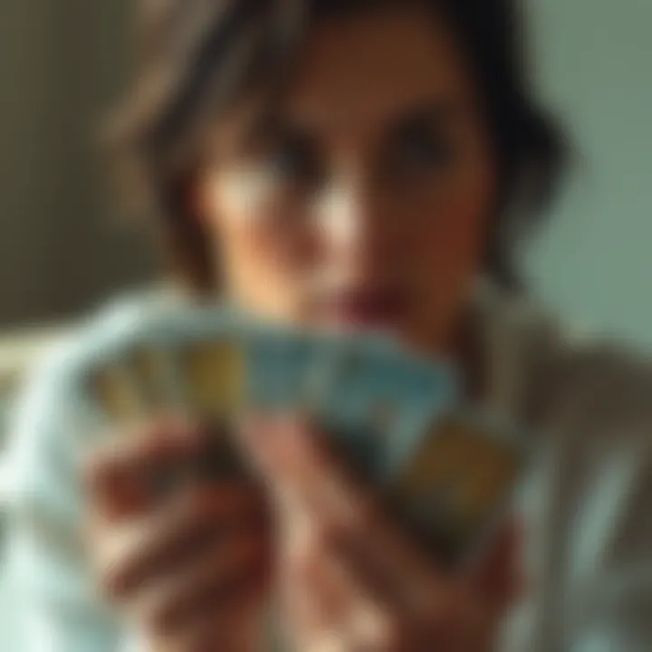 Tarot Cards and Communication A person holding tarot cards with a focused and thoughtful expression, pondering about future communication in a relationship.
