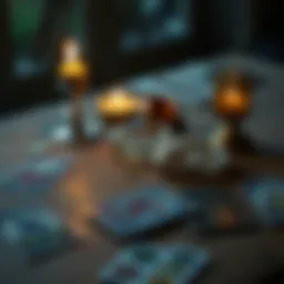 A set of tarot cards is laid out on a table with a candle and crystal nearby, symbolizing a reading about feelings.