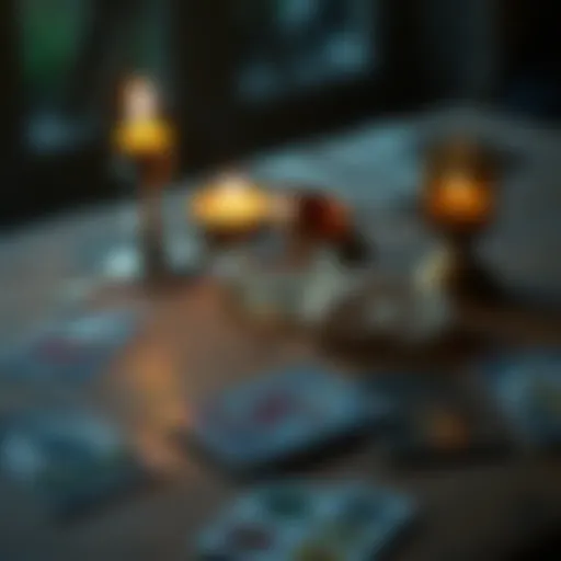 A set of tarot cards is laid out on a table with a candle and crystal nearby, symbolizing a reading about feelings.