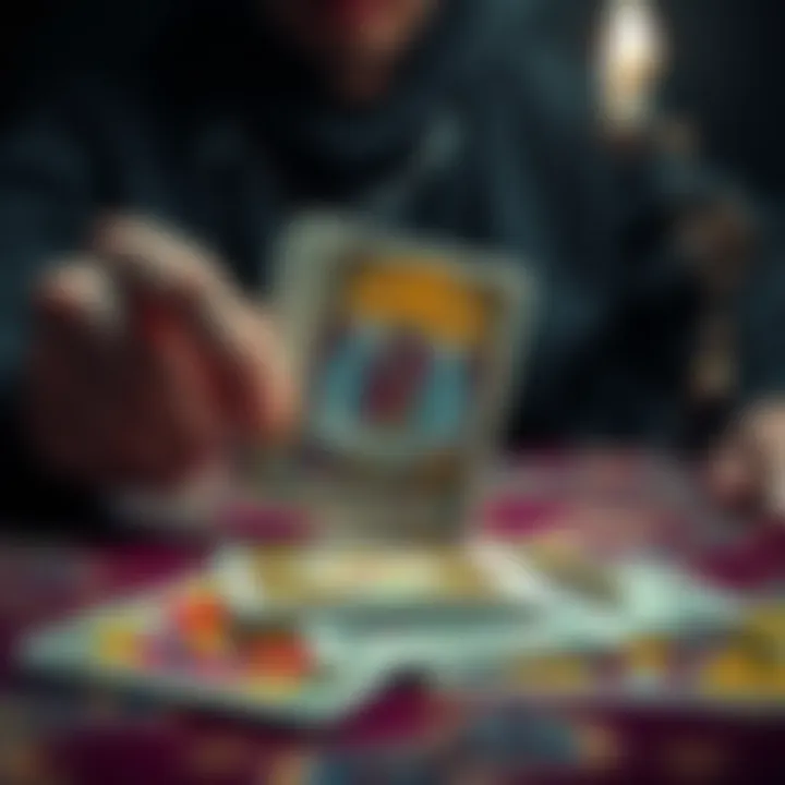 A person examining tarot cards with one card mistakenly placed over another, showcasing the mix-up during a reading.