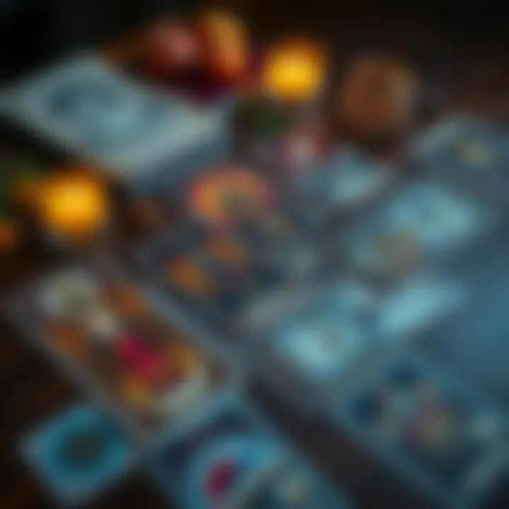 A spread of colorful tarot cards on a wooden table, with a candle and a notebook nearby, inviting creative thought.