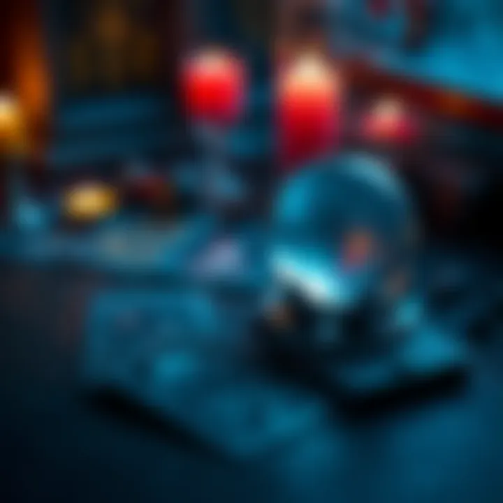 A set of tarot cards laid out on a table with a crystal ball beside them, symbolizing intuitive practices in witchcraft.