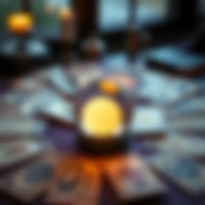 Tarot Cards with a Crystal Ball A table with tarot cards spread out and a crystal ball beside them, symbolizing tarot reading services.