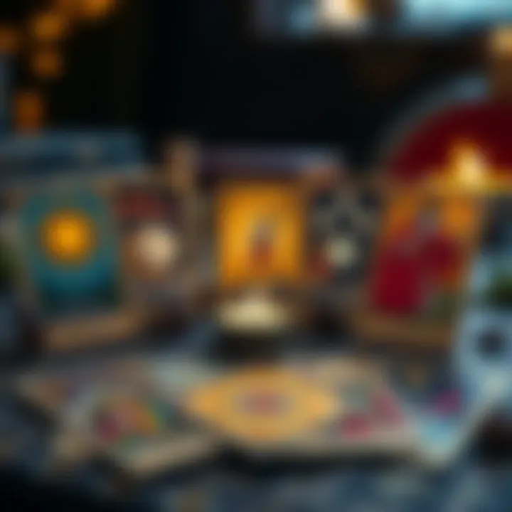 A set of tarot cards including the sun, moon, star, and magician, arranged on a table with a mystical atmosphere.