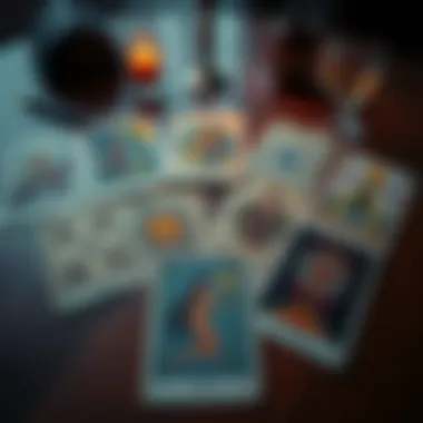 A set of major arcana tarot cards laid out on a table, each card showing unique designs and symbols.