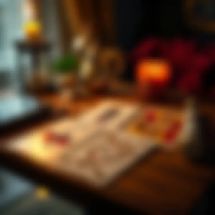 A set of tarot cards including the Ace of Cups, Four of Swords, and Ace of Wands laid out on a wooden table with a candle nearby.